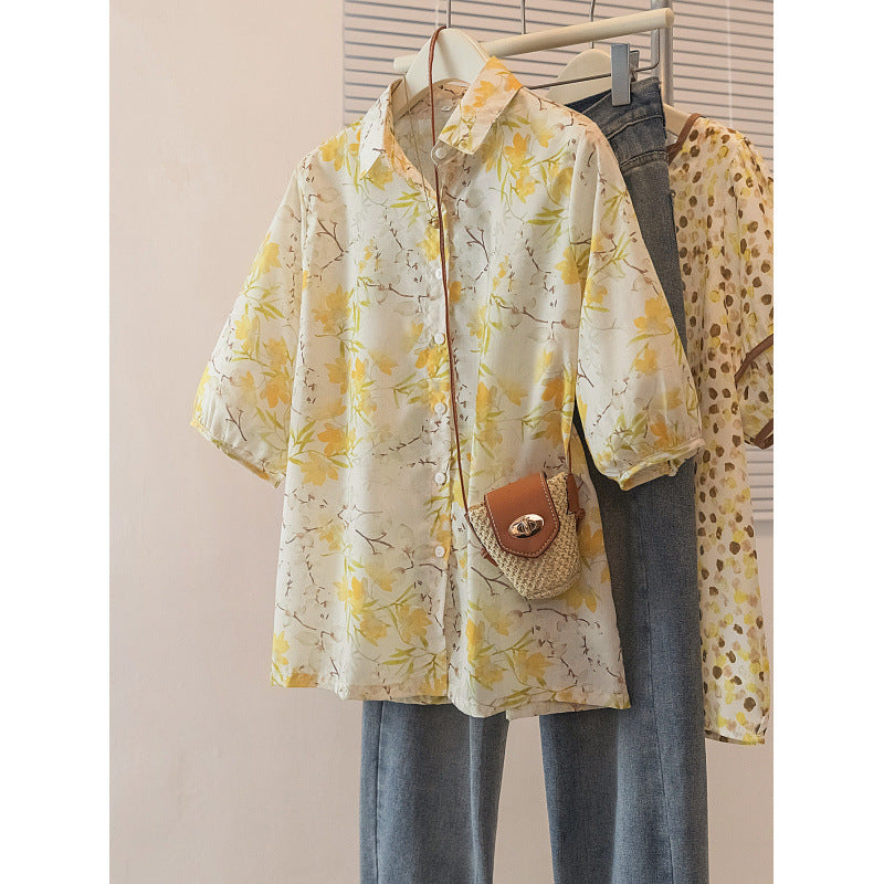 Versatile Floral-print Lightweight Blouse For Women Loose-fitting - HotGirlsOnly