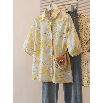 Versatile Floral-print Lightweight Blouse For Women Loose-fitting - HotGirlsOnly