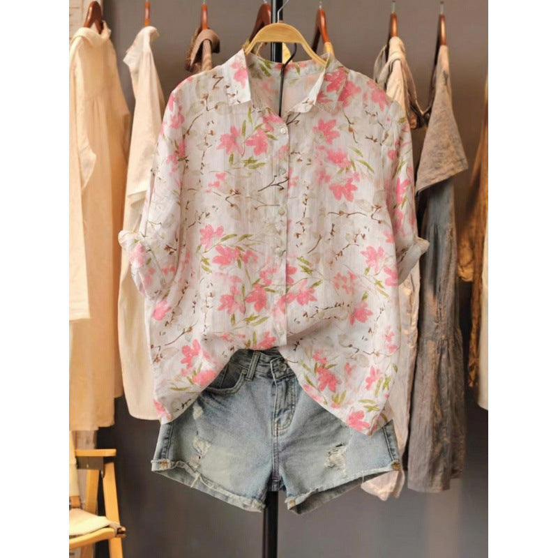 Versatile Floral-print Lightweight Blouse For Women Loose-fitting - HotGirlsOnly