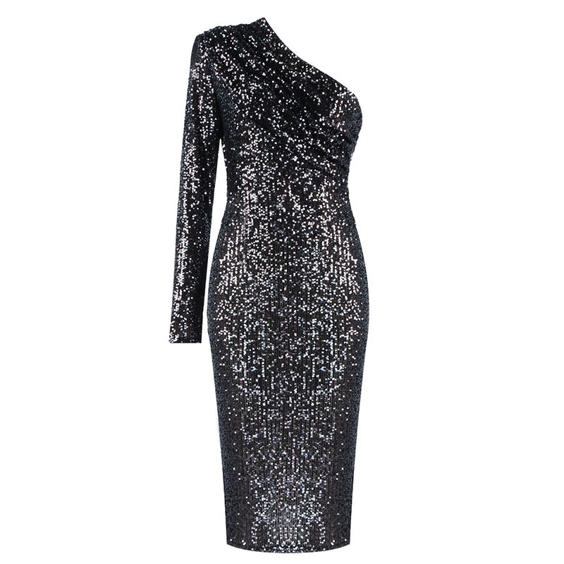 One-shoulder Dress Oblique Collar Wrapped Chest Evening Dress Fashion Sequins Nightclub Sexy - HotGirlsOnly