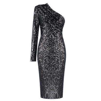 One-shoulder Dress Oblique Collar Wrapped Chest Evening Dress Fashion Sequins Nightclub Sexy - HotGirlsOnly