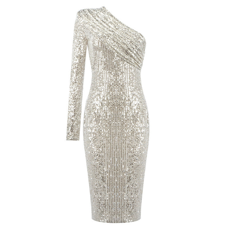 One-shoulder Dress Oblique Collar Wrapped Chest Evening Dress Fashion Sequins Nightclub Sexy - HotGirlsOnly