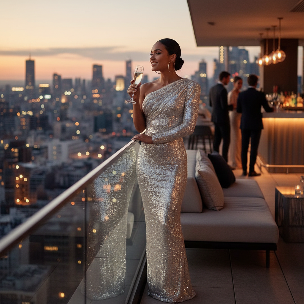 One-shoulder Dress Oblique Collar Wrapped Chest Evening Dress Fashion Sequins Nightclub Sexy - HotGirlsOnly