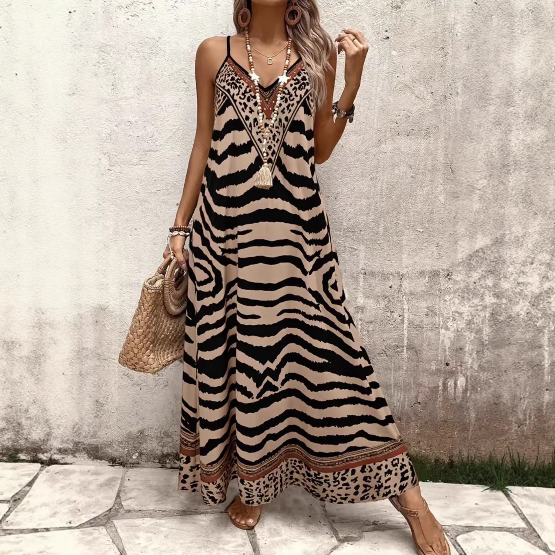 Leopard-print Loose-fitting Long Strap V-neck Seaside Short-sleeve Dress - HotGirlsOnly