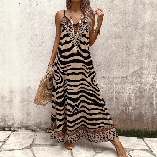 Leopard-print Loose-fitting Long Strap V-neck Seaside Short-sleeve Dress - HotGirlsOnly