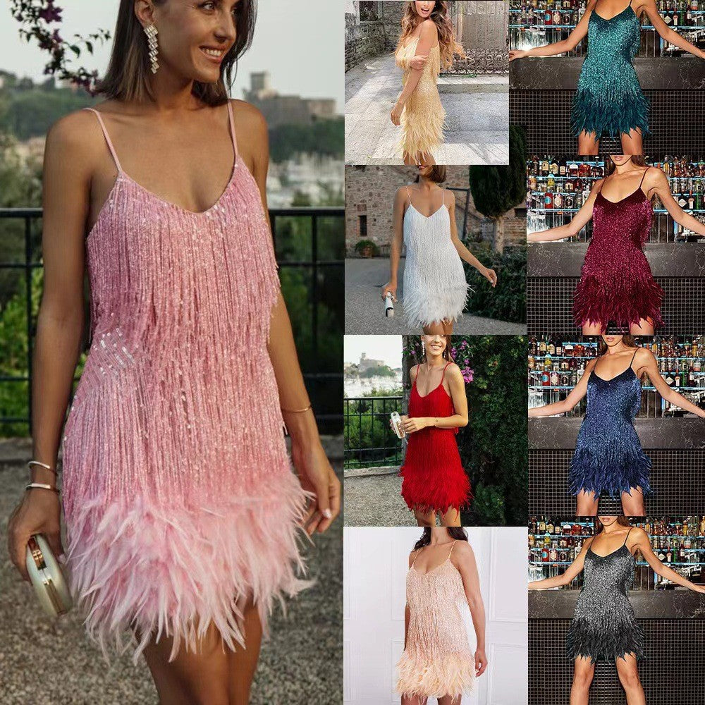 Sexy Tassel Sequins Feather Summer Mini Dress Women V Neck Spaghetti Strap Stitching Dresses Female Elegant Evening Party Club Dress - HotGirlsOnly