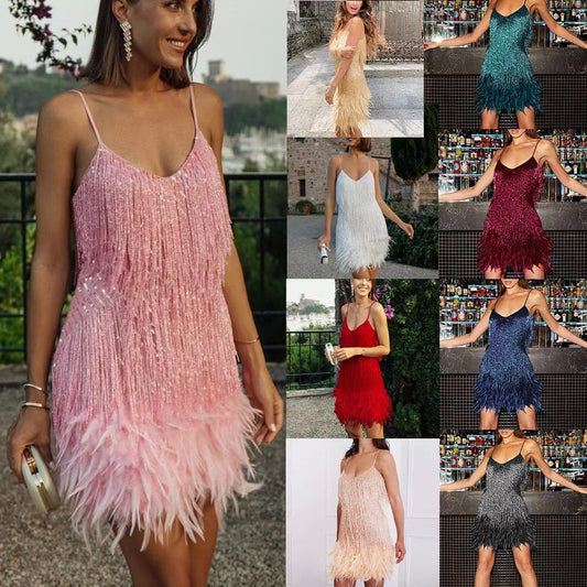 Sexy Tassel Sequins Feather Summer Mini Dress Women V Neck Spaghetti Strap Stitching Dresses Female Elegant Evening Party Club Dress - HotGirlsOnly