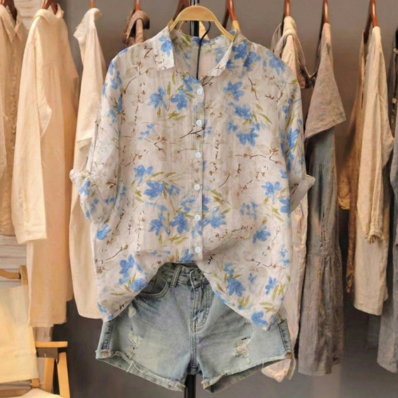 Versatile Floral-print Lightweight Blouse For Women Loose-fitting - HotGirlsOnly