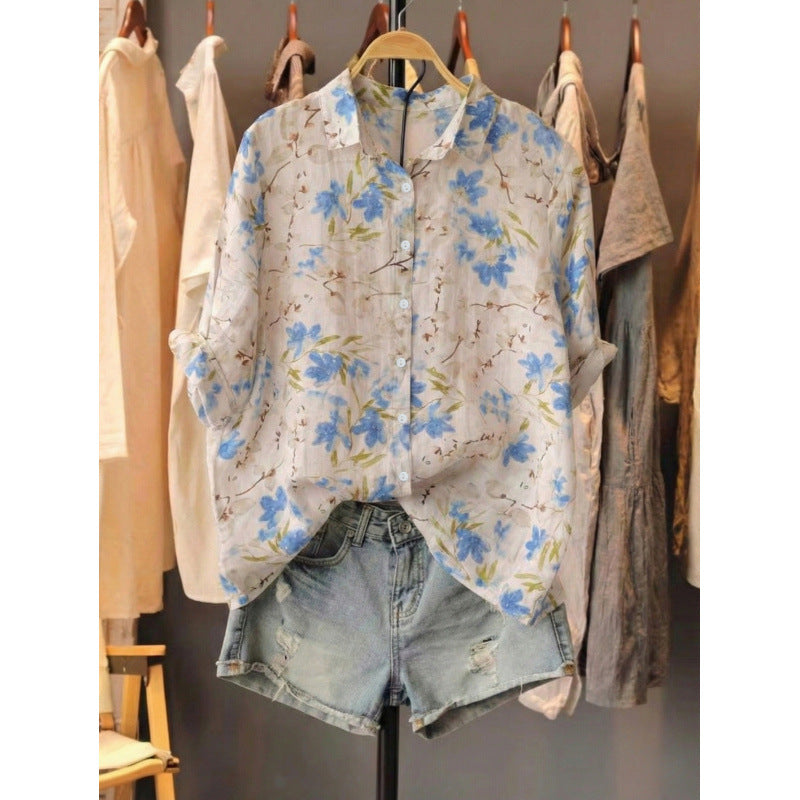 Versatile Floral-print Lightweight Blouse For Women Loose-fitting - HotGirlsOnly