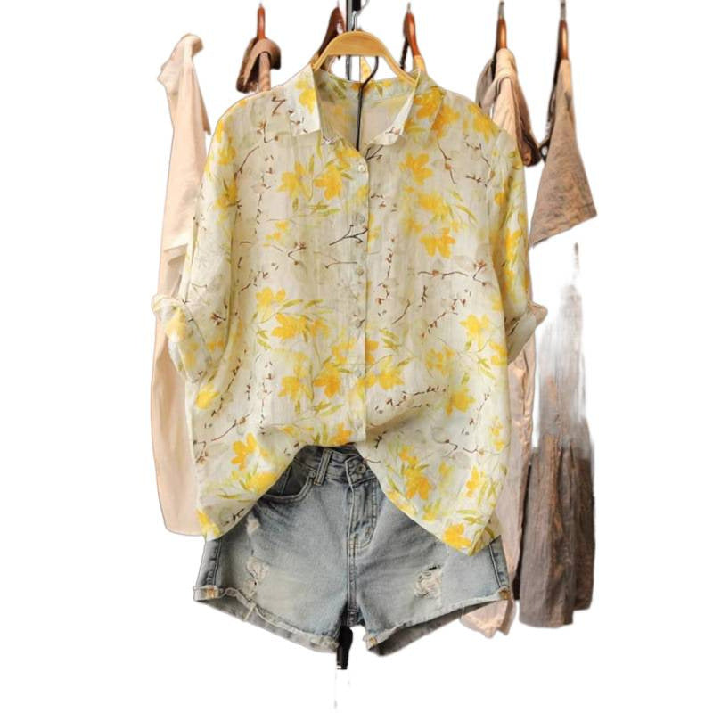 Versatile Floral-print Lightweight Blouse For Women Loose-fitting - HotGirlsOnly