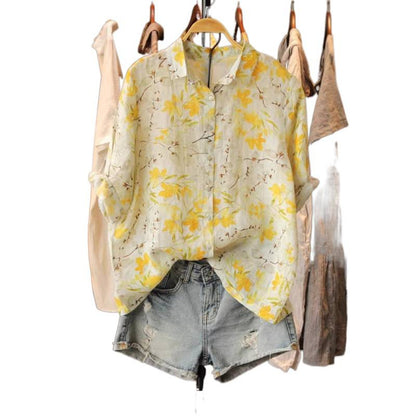 Versatile Floral-print Lightweight Blouse For Women Loose-fitting - HotGirlsOnly
