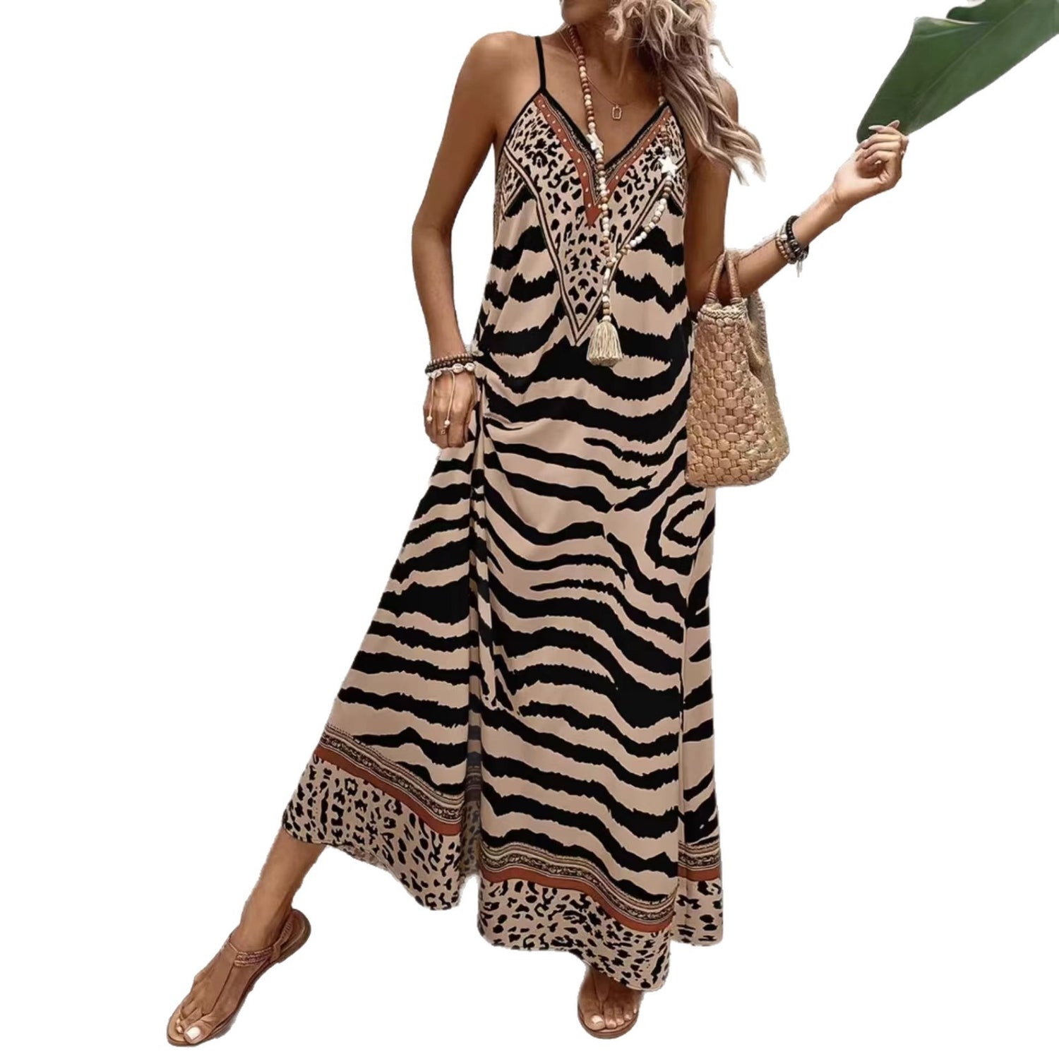 Leopard-print Loose-fitting Long Strap V-neck Seaside Short-sleeve Dress - HotGirlsOnly