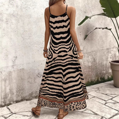 Leopard-print Loose-fitting Long Strap V-neck Seaside Short-sleeve Dress - HotGirlsOnly