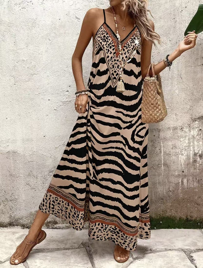 Leopard-print Loose-fitting Long Strap V-neck Seaside Short-sleeve Dress - HotGirlsOnly